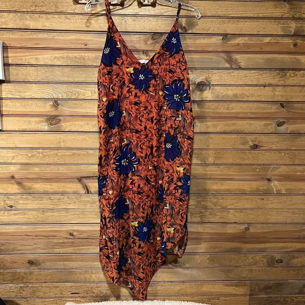 ZARA Collection Women’s L Sheer Lined Strappy Hanky Hem Orange Floral Dress